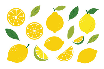 Wall Mural - Set of lemons in doodle style. Collection of lemons on a branch, a slice of a lemon, half a lemon. Vector