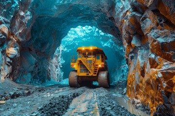 A massive vibrant yellow mining truck is operational inside an illuminated rocky cave with turquoise hues