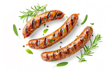 three sausages with herbs and spices on a white surface