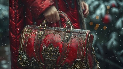 Wall Mural - A close-up of a girl's hand releasing her handbag, the details of the bag's design highlighted in high definition