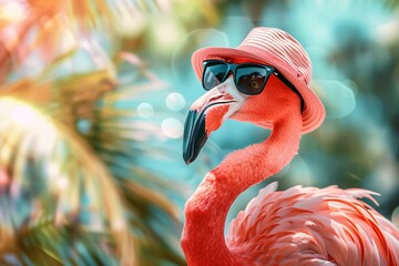 a flamingo wearing sunglasses and a hat, in a funny animal concept art with a tropical background, c