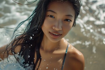 A detailed shot of a slim yet voluptuous Asian woman, her bronzed complexion glistening as she emerges from the water in a bikini