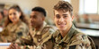© annaspoka - military education training development, young man in brown camouflage uniform sitting in classroom with other students, concept of soldier recruitment hiring in army