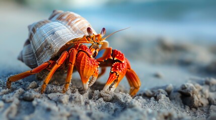 Wall Mural - Cute orange hermit crab on the beach. The crab is carrying a seashell on its back. The crab is walking on the sand. The background is blurred.