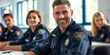 © annaspoka - police academic training, policeman education learning, police officer staff hiring recruitment. Caucasian adult mature man in blue uniform sitting in classroom meeting with other people in background