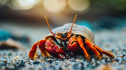 Poster - A closeup of a colorful hermit crab on the beach.