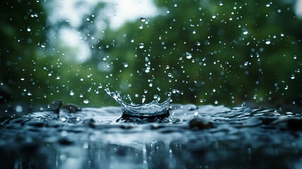 Wall Mural - water drop crown. raindrops falling on the surface of the water. the moment of contact of water with