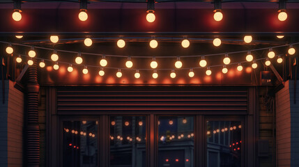 Dusk settles over a cozy cafe adorned with twinkling string lights.