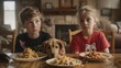 © LAJT - Candid Moment of Children and Dog at Dining Table with Pasta Dishes