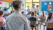 © Emiliia - A man is standing in front of a diverse classroom filled with attentive students, holding a stack of papers while addressing the group.
