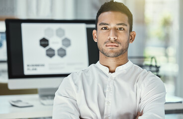 Poster - Portrait, businessman and serious in office with computer screen for research, analysis and project. Male developer, software and technology in workplace for review, media and company website design