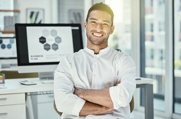 Poster - Businessman, portrait and happy in office with computer screen for research, analysis and project. Male developer, software and technology in workplace for review, media and company website at desk