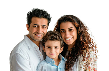 Portrait of Moroccan family of three posing against isolated transparent background