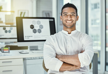 Poster - Businessman, portrait and happy in office with computer screen for research, digital and project. Male developer, software and technology in workplace for review, media and company website at desk