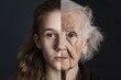 A split-image transformation depicting a young woman on the left and an elderly woman on the right, showcasing the passage of time and aging process