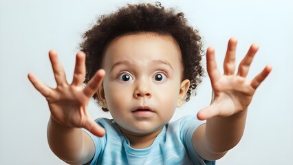 Curious child with wide eyes and hands reaching out against plain white background