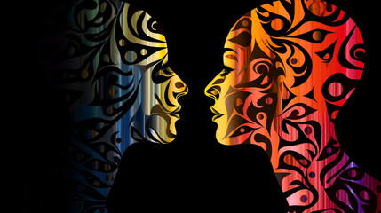Wall Mural - Embracing Diversity and Friendship: Abstract Silhouette of Multicultural Male and Female Profiles Symbolizing Global Unity and Equality