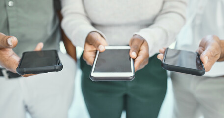 Poster - Business people, hands and screen with phone for communication, social media or networking at office. Closeup of employees on mobile smartphone in data sync, share or connectivty on tech at workplace