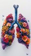 Artistic representation of human lungs composed of colorful flowers, symbolizing beauty and vitality of healthy lungs and importance of clean air and pollution-free environment.
