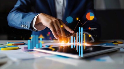 Poster - A businessman analyzing financial charts and graphs on a tablet device, strategizing for business growth and success.
