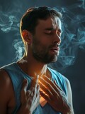 Fototapeta Sport - Respiratory illness. Man gripping his chest in pain with visible glow from lungs, symbolizing respiratory distress, lung pain. Bronchitis or pneumonia.