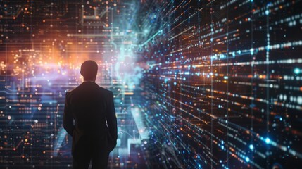 Aufkleber - A businessman analyzing a holographic projection of a complex business graph, exploring different scenarios for strategic planning.