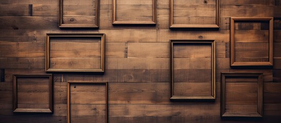 Aufkleber - Vintage wood background with square blank photo frames arranged in a flat lay composition for capturing copy space images
