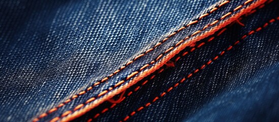 Aufkleber - Close up of a stitched denim jeans background with a double denim orange seam creating a fashionable jeans design The image features a bleached denim backdrop Copy space image