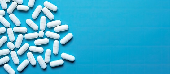 Sticker - Pills neatly arranged on a vibrant blue background providing ample copy space for additional content