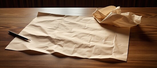 Leinwandbilder - A brown paper sheet crumpled and resting on a wooden table with a pencil nearby a copy space image