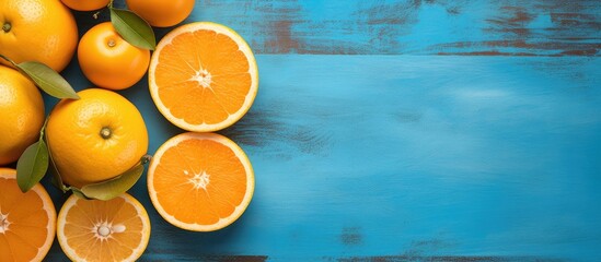 Aufkleber - A top down view of ripe juicy oranges The oranges have been cut in half and are displayed on a blue concrete background A wooden reamer is visible in the image. Creative banner. Copyspace image