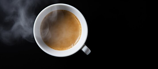 Aufkleber - A top down perspective of a steaming cup of black espresso coffee placed on a white background creating copy space Perfect for capturing the essence of a morning espresso on a table