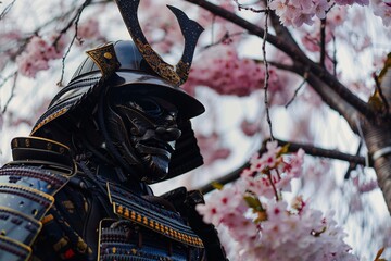 From beyond our era, a figure in advanced exoskeleton armor appears in feudal Japan, amidst samurai warriors and cherry blossom trees, ready for battle