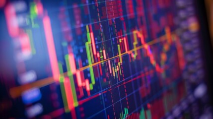 Aufkleber - A close-up of a computer screen displaying live stock market graphs and candlestick charts, symbolizing active trading and investment.