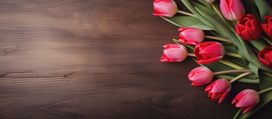 Fototapete - A copy space image showing a greeting card celebrating Valentine s Day with a beautiful bouquet of tulips and a red heart