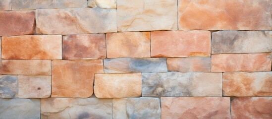 Sticker - Close up of a stunning colorful stone wall with stucco and paint The background has a peachy orange and gray texture providing ample copy space