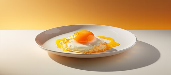 Poster - A breakfast dish is presented on a white plate with soft shadows featuring a cooked chicken yolk in a crumpled form The image allows for copy space