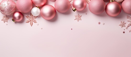 Poster - A festive arrangement with pink Christmas ornaments wooden snowflakes and glitter on a soft pink backdrop Perfect for Christmas winter or New Year celebrations Displayed from a top down perspective w