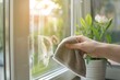 Close-up shot of hand cleaning window with a microfiber cloth, soft natural light from a window