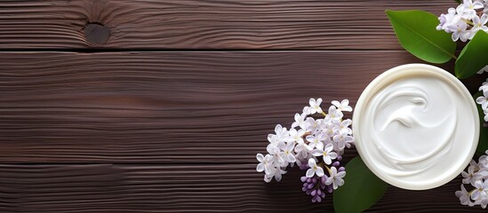 Poster - A bright wooden table background showcasing cosmetic creams and a beautiful white lilac blossom Copy space image