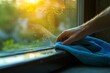 Close-up of hand cleaning window with a microfiber cloth, soft indoor lighting highlighting the scene