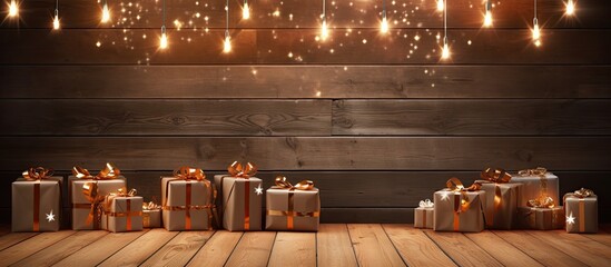 Aufkleber - A festive backdrop with gift boxes is set against a beautiful brown backdrop made of vintage boards The birthday celebration is indicated by a number 31 creating ample copy space for additional eleme