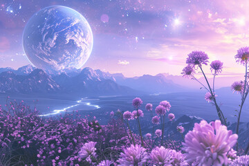 Wall Mural - Flowers blooming against the backdrop of distant planets in a cosmic garden 