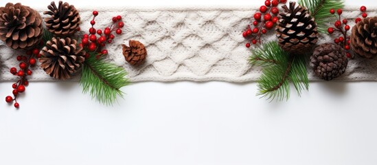 Poster - A festive Christmas themed arrangement featuring a knitted blanket pine cones and fir branches on a white background Beautifully arranged with a top down view allowing for plenty of copy space image
