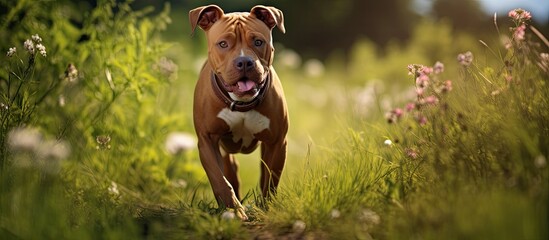 Sticker - A red American Pit Bull Terrier is seen walking outdoors during the summer The image has copy space