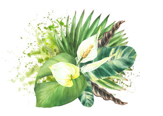 Wall Mural - Bouquet of tropical leaves, white flowers, palm leaf on watercolor splashes stains background. Home plant. Exotic bud, jungle greenery clipart bunch Hand drawn illustration Isolated white background. 