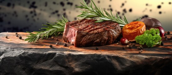 Poster - A flavorful beef steak seasoned with aromatic herbs and spices rests upon a rustic cutting board set against a backdrop of rugged stone creating a captivating copy space image