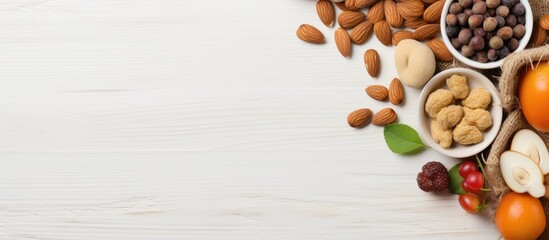 Aufkleber - A top down copy space image of a beige table with an almond frame showcasing healthy food