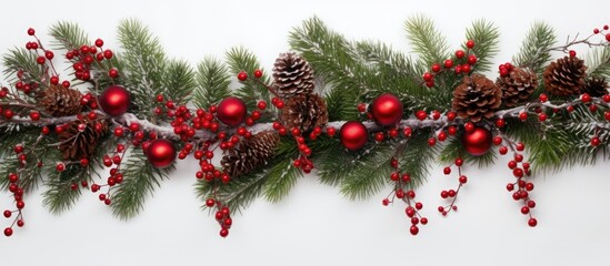Poster - A festive Christmas fir tree adorned with spruce branches red ornaments and red barberry berries The top view showcases the white background providing ample copy space for a Christmas or New Year bac
