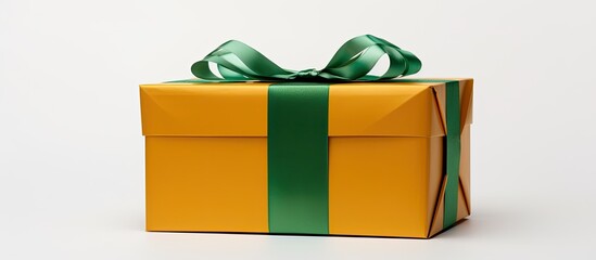 Aufkleber - Isolated on a white background there is a cardboard green gift box with a golden yellow cover providing ample copy space for an image
